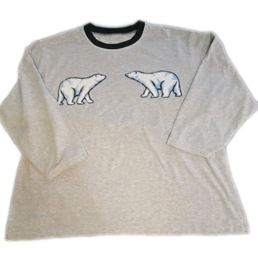 Vintage Polar Bear Graphic Ringer‎ Tee XL  100% Cotton Grey Long Sleeve